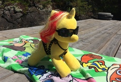 Size: 3071x2087 | Tagged: safe, artist:ejlightning007arts, sunset shimmer, pony, unicorn, g4, build-a-bear, clothes, high res, irl, lying down, photo, photography, plushie, sunglasses, swimsuit, towel