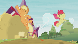 Size: 1600x900 | Tagged: safe, screencap, apple bloom, applejack, earth pony, pony, g4, going to seed, season 9, adorabloom, apple sisters, apple tree, carrot, cute, duo, female, filly, foal, food, hay, hay bale, jackabetes, mare, midair, sisters, smiling, tree, yeah shot