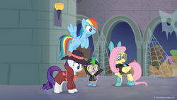 Size: 1600x900 | Tagged: safe, screencap, fluttershy, rainbow dash, rarity, spike, dragon, pegasus, pony, g4, season 9, sparkle's seven, bunny ears, clothes, costume, dangerous mission outfit, detective, detective rarity, female, goggles, hat, hoodie, male, mare, winged spike, wings