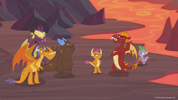 Size: 1600x900 | Tagged: safe, screencap, billy, clump, garble, smolder, spear (g4), spike, dragon, g4, sweet and smoky, claws, crossed arms, discussion in the comments, dragon lands, dragoness, fangs, female, group, hand on hip, lava, male, raised eyebrow, winged spike, wings