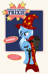 Size: 1326x2019 | Tagged: safe, artist:badumsquish, derpibooru exclusive, trixie, pony, g4, action figure, alternate clothes, alternate hairstyle, combat knife, dialogue, dreamworks face, evil smile, fake ad, fangirl, fangs, female, grenade, grin, m202 rocket launcher, malay, mare, rocket launcher, show accurate, smiling, smirk, solo, translated in the description, watch