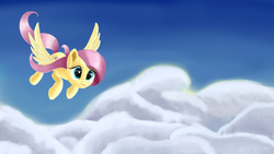 Size: 2560x1440 | Tagged: safe, artist:flusanix, fluttershy, pegasus, pony, g4, cloud, female, flying, mare, sky, solo, spread wings, wings