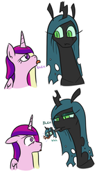 Size: 522x934 | Tagged: safe, artist:jargon scott, princess cadance, queen chrysalis, alicorn, changeling, changeling queen, pony, xenomorph, g4, :p, :|, alien (franchise), bags under eyes, comic, eye contact, fangs, female, floppy ears, frown, glare, horrified, lidded eyes, looking at each other, raspberry, shocked, silly, simple background, smiling, smirk, spittle, tongue out, unamused, wat, white background, wide eyes, xenomorph queen