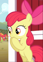 Size: 652x939 | Tagged: safe, screencap, apple bloom, big macintosh, earth pony, pony, g4, hearts and hooves day (episode), bipedal, bow, cropped, female, filly, hair bow, hoof in mouth, male, solo focus, stallion
