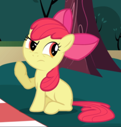 Size: 892x939 | Tagged: safe, screencap, apple bloom, earth pony, pony, g4, hearts and hooves day (episode), cropped, female, filly, raised eyebrow, raised hoof, sitting, solo, thinking