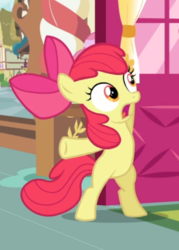 Size: 438x612 | Tagged: safe, screencap, apple bloom, earth pony, pony, g4, hearts and hooves day (episode), bipedal, bow, cropped, door, female, filly, hair bow, hoof pointing, open mouth, solo