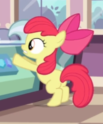 Size: 286x343 | Tagged: safe, screencap, apple bloom, earth pony, pony, g4, hearts and hooves day (episode), butt, cropped, female, filly, leaning, plot, solo