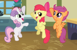 Size: 1136x740 | Tagged: safe, screencap, apple bloom, scootaloo, sweetie belle, earth pony, pegasus, pony, unicorn, g4, hearts and hooves day (episode), bow, cropped, cute, cutie mark crusaders, female, filly, hair bow, jumping, midair, open mouth, smiling, trio