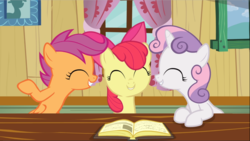 Size: 1668x940 | Tagged: safe, screencap, apple bloom, scootaloo, sweetie belle, earth pony, pegasus, pony, unicorn, g4, hearts and hooves day (episode), ^^, adorabloom, book, clubhouse, crusaders clubhouse, cute, cutealoo, cutie mark crusaders, diasweetes, eyes closed, female, filly, foal, open book, smiling, trio, trio female