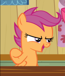 Size: 621x729 | Tagged: safe, screencap, apple bloom, scootaloo, earth pony, pegasus, pony, g4, hearts and hooves day (episode), clubhouse, cropped, crusaders clubhouse, female, filly, narrowed eyes, offscreen character, open mouth, raised hoof, solo focus