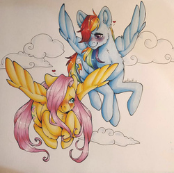 Size: 927x922 | Tagged: safe, artist:mysticcoral, fluttershy, rainbow dash, pegasus, pony, g4, blushing, female, flying, hair over one eye, heart, hooves to the chest, hooves together, lesbian, looking at each other, mare, ship:flutterdash, shipping, sky, smiling, spread wings, traditional art, wings