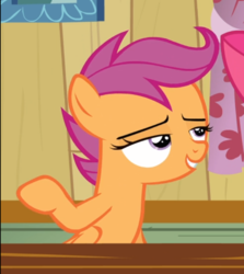Size: 645x724 | Tagged: safe, screencap, apple bloom, scootaloo, earth pony, pegasus, pony, g4, hearts and hooves day (episode), clubhouse, cropped, crusaders clubhouse, female, filly, lidded eyes, raised hoof, smiling, smirk, smug, solo focus