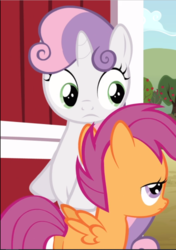 Size: 664x941 | Tagged: safe, screencap, scootaloo, sweetie belle, pegasus, pony, unicorn, g4, hearts and hooves day (episode), bipedal, cropped, duo, female, filly, looking down