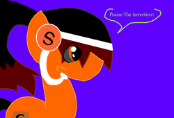 Size: 907x616 | Tagged: safe, artist:dazzlingmimi, oc, oc only, pony, tumblr:the sun has inverted, black and dark red hair, black hair, blue background, brighter coat, color change, corrupted, dark red hair, darkened hair, earth pony oc, female, headset, inverted, inverted colors, lighter coat, orange coat, orange eye, petrification, ponified, possessed, sidemouth, simple background, skype, solo, speech bubble, tumblr, two toned hair, wide eyes, word bubble