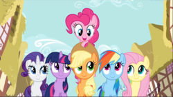 Size: 1668x941 | Tagged: safe, screencap, applejack, fluttershy, pinkie pie, rainbow dash, rarity, twilight sparkle, earth pony, pegasus, pony, unicorn, a friend in deed, g4, female, group, happy, holding a pony, looking at each other, looking down, looking up, mane six, mare, open mouth, smiling, unicorn twilight
