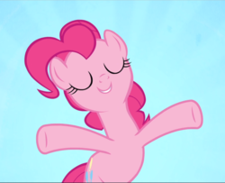 Size: 1158x940 | Tagged: safe, screencap, pinkie pie, earth pony, pony, a friend in deed, g4, cropped, eyes closed, female, mare, smiling, solo, spread hooves, underhoof