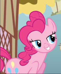 Size: 768x940 | Tagged: safe, screencap, cranky doodle donkey, pinkie pie, donkey, earth pony, pony, a friend in deed, g4, cropped, female, lidded eyes, male, mare, offscreen character, smiling, solo focus