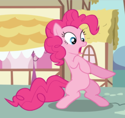 Size: 991x938 | Tagged: safe, screencap, pinkie pie, earth pony, pony, a friend in deed, g4, bipedal, cropped, female, mare, open mouth, pointing, raised hoof, reaction image, solo