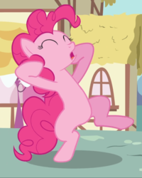 Size: 752x938 | Tagged: safe, screencap, pinkie pie, earth pony, pony, a friend in deed, g4, bipedal, cropped, eyes closed, female, hooves on face, mare, open mouth, raised leg, screaming, solo