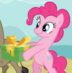 Size: 913x937 | Tagged: safe, screencap, pinkie pie, earth pony, pony, a friend in deed, g4, bipedal, cropped, female, mare, offscreen character, present, smiling, solo focus