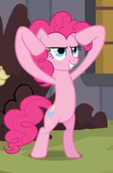 Size: 441x675 | Tagged: safe, screencap, pinkie pie, earth pony, pony, a friend in deed, g4, bipedal, cropped, female, head in hooves, mare, smiling, solo, thinking