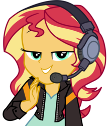Size: 10000x11400 | Tagged: safe, artist:famousmari5, sunset shimmer, equestria girls, g4, game stream, spoiler:eqg series (season 2), absurd resolution, clothes, female, headphones, jacket, simple background, smiling, solo, transparent background, vector