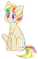 Size: 575x900 | Tagged: safe, artist:vladivoices, oc, oc only, oc:skittlepox, earth pony, pony, adopted, blonde hair, blue hair, gradient mane, green hair, male, multicolored hair, orange hair, pink hair, purple eyes, rainbow hair, red hair, sitting, solo, spots, stallion
