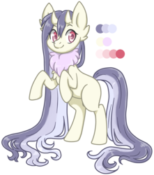 Size: 840x950 | Tagged: safe, artist:vladivoices, oc, oc only, oc:gillyflower, demon, demon pony, oni, pony, color palette, demon horns, ear fluff, female, horns, long hair, mare, neck fluff, oni pony, purple hair, rearing, red eyes, smiling, solo, toy, two toned mane, very long hair