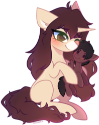 Size: 1024x1302 | Tagged: safe, artist:kirionek, oc, oc only, oc:cinnamon fawn, oc:sovereign ashes, pegasus, pony, unicorn, black hair, blushing, brown eyes, brown hair, couple, female, freckles, green eyes, hazel eyes, horn, hug, male, mare, one eye closed, plushie, ponysona, smiling, solo, spots, stallion, wings, wink