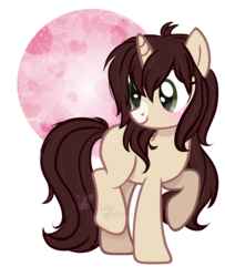 Size: 1280x1573 | Tagged: safe, artist:pillowghosts, oc, oc only, oc:cinnamon fawn, pony, unicorn, base used, birthday art, birthday present, blushing, brown hair, female, gift art, green eyes, mare, smiling, solo