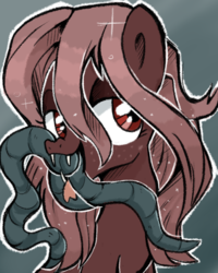 Size: 577x721 | Tagged: safe, artist:xsidera, oc, oc only, oc:abiteth, monster pony, original species, pony, tatzlpony, brown fur, brown hair, fangs, female, forked tongue, freckles, mare, open mouth, red eyes, solo, tentacles, tongue out