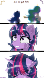 Size: 2000x3500 | Tagged: safe, artist:darkest-lunar-flower, princess celestia, princess luna, twilight sparkle, alicorn, pony, g4, season 9, all might, cheek fluff, comic, crying, ear fluff, eye clipping through hair, eyebrows, eyebrows visible through hair, eyes closed, female, floppy ears, gritted teeth, high res, izuku midoriya, looking up, mare, messy mane, my hero academia, outstretched hoof, raised hoof, sad, simple background, spoilers for another series, teary eyes, white background, you're next
