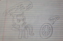 Size: 709x467 | Tagged: safe, artist:nightshadowmlp, trixie, pony, unicorn, g4, don't trust wheels, female, lined paper, mare, third person, traditional art, wheel, wheels trixie