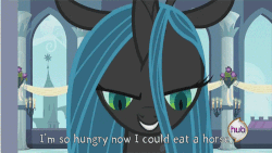Size: 500x281 | Tagged: safe, edit, edited screencap, screencap, queen chrysalis, changeling, changeling queen, horse, a canterlot wedding, g4, animated, eating, female, food, talking, teeth