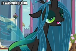 Size: 743x500 | Tagged: safe, edit, edited screencap, screencap, queen chrysalis, changeling, changeling queen, a canterlot wedding, g4, caption, cropped, female, image macro, mid-blink screencap, solo, text