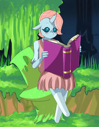 Size: 1488x1920 | Tagged: safe, artist:traupa, ocellus, changedling, changeling, anthro, unguligrade anthro, g4, season 8, book, chair, clothes, dress, female, hive, reading, sitting, smiling, solo