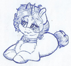 Size: 520x479 | Tagged: safe, artist:69beas, oc, oc only, oc:jessie feuer, pony, unicorn, chest fluff, collar, fangs, female, lidded eyes, lineart, lying down, mare, monochrome, prone, sketch, smiling, solo, traditional art
