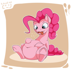 Size: 4724x4724 | Tagged: safe, artist:rubiont, pinkie pie, earth pony, pony, g4, absurd resolution, belly, belly button, big belly, drool, fat, female, mare, pink, pudgy pie, sitting, solo, tongue out, underhoof