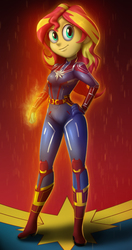 Size: 2402x4547 | Tagged: safe, artist:14-bis, sunset shimmer, equestria girls, g4, adventure in the comments, brazil, brazilian portuguese, captain marvel, captain marvel (marvel), clothes, cosplay, costume, crossover, cute, discussion in the comments, female, fernanda bullara, fiery shimmer, marvel, marvel cinematic universe, shimmerbetes, solo, voice actor joke