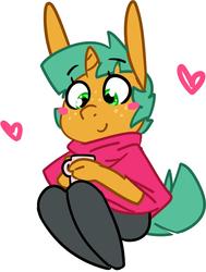 Size: 1073x1417 | Tagged: safe, artist:kryptchild, snails, unicorn, anthro, g4, clothes, cute, diasnails, glitter shell, heart, male, mug, pants, poncho, solo