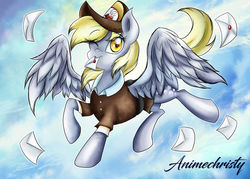 Size: 1024x732 | Tagged: safe, artist:animechristy, derpy hooves, pegasus, pony, g4, background pony, blonde hair, cloud, hat, mail, mailmare, mailmare hat, one eye closed, sky, wink