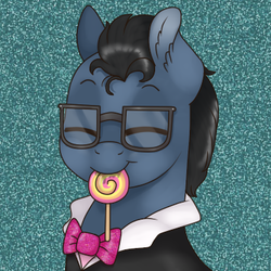 Size: 379x379 | Tagged: safe, artist:69beas, oc, oc only, oc:flashdraw, earth pony, pony, candy, clothes, digital art, eyes closed, food, glasses, glitter, lollipop, male, necktie, nom, simple background, solo, stallion, suit