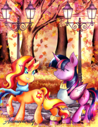 Size: 1024x1326 | Tagged: safe, artist:animechristy, sunset shimmer, twilight sparkle, alicorn, pony, unicorn, g4, autumn, clothes, falling leaves, female, leaves, lesbian, scarf, ship:sunsetsparkle, shipping, street lamp, streetlight, sunlight, sweater, tree, twilight sparkle (alicorn)