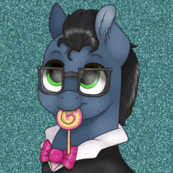 Size: 379x379 | Tagged: safe, artist:69beas, derpibooru exclusive, oc, oc only, oc:flashdraw, earth pony, pony, animated, blinking, candy, clothes, digital art, ear fluff, food, gif, glasses, glitter, lollipop, male, necktie, nom, simple background, solo, stallion, suit