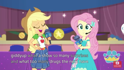 Size: 1280x720 | Tagged: safe, screencap, applejack, fluttershy, equestria girls, g4, my little pony equestria girls: better together, drugs, female, geode of fauna, geode of super strength, magical geodes, subtitles
