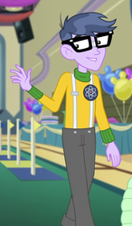 Size: 625x1073 | Tagged: safe, screencap, micro chips, best in show: the victory lap, equestria girls, g4, my little pony equestria girls: better together, clothes, glasses, male, pants, smiling, waving