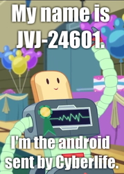 Size: 459x640 | Tagged: safe, screencap, jvj-24601, robot, best in show: the victory lap, equestria girls, equestria girls series, g4, spoiler:eqg series (season 2), bread, caption, detroit: become human, food, image macro, smiley face, text