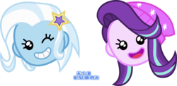 Size: 1352x660 | Tagged: safe, artist:anime-equestria, starlight glimmer, trixie, equestria girls, g4, game stream, my little pony equestria girls: better together, beanie, cute, diatrixes, duo, emoji, female, glimmerbetes, hat, head only, open mouth, simple background, smiling, transparent background, vector