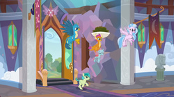 Size: 1914x1069 | Tagged: safe, screencap, gallus, ocellus, sandbar, silverstream, smolder, somnambula, changedling, changeling, classical hippogriff, dragon, earth pony, griffon, hippogriff, pony, g4, season 9, uprooted, dragoness, female, flying, male, school of friendship, teenager