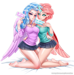 Size: 985x1000 | Tagged: safe, artist:racoonsan, ocellus, silverstream, human, season 8, spoiler:s08, anime, barefoot, blushing, breasts, busty ocellus, busty silverstream, clothes, cute, diaocelles, diastreamies, feet, female, gallstream, horned humanization, humanized, implied gallstream, implied gallus, implied interspecies, implied ocelbar, implied sandbar, implied shipping, implied straight, interspecies, jewelry, legs, looking at you, miniskirt, nail polish, necklace, ocelbar, paper, pleated skirt, schrödinger's pantsu, shipping, simple background, skirt, straight, stupid sexy ocellus, stupid sexy silverstream, thighs, white background, winged humanization, wings